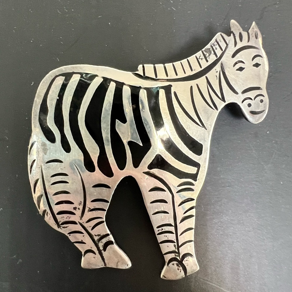 Vintage Taxco Zebra Brooch 925 Silver Black Enamel Pin Mexico
